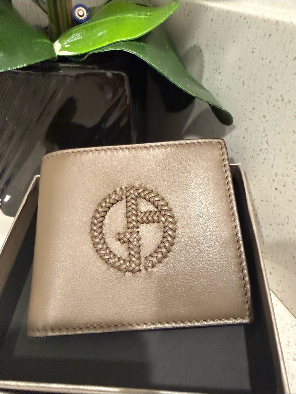 Giorgio Armani Metallic Taupe Bifold Wallet with Woven Emblem